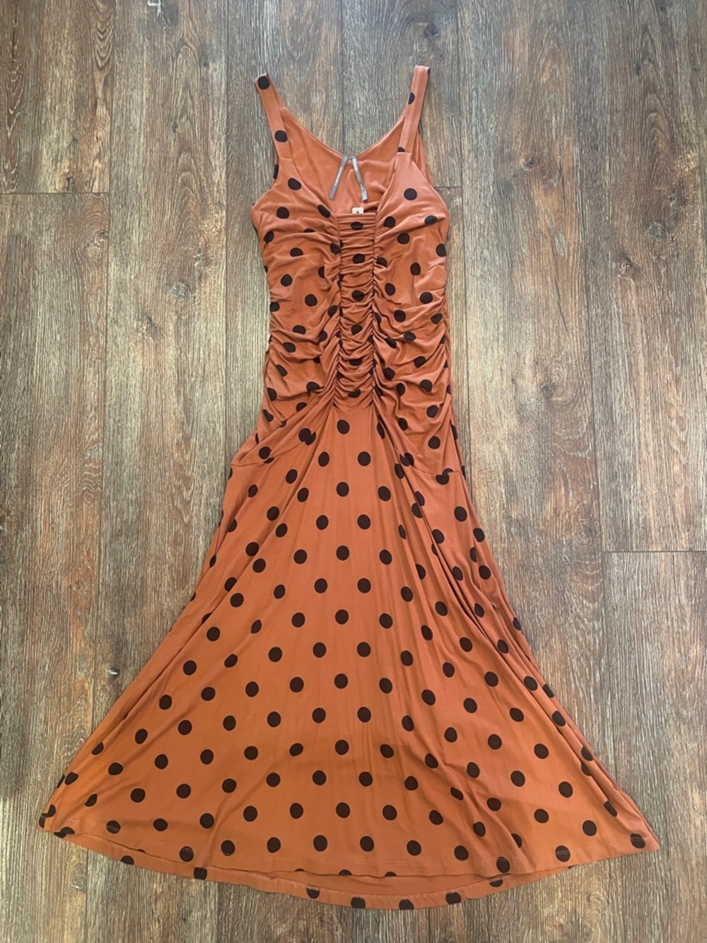 NWT Anthropologie Polka Dot Ruched Midi Dress, Size XS - Picture 8 of 12